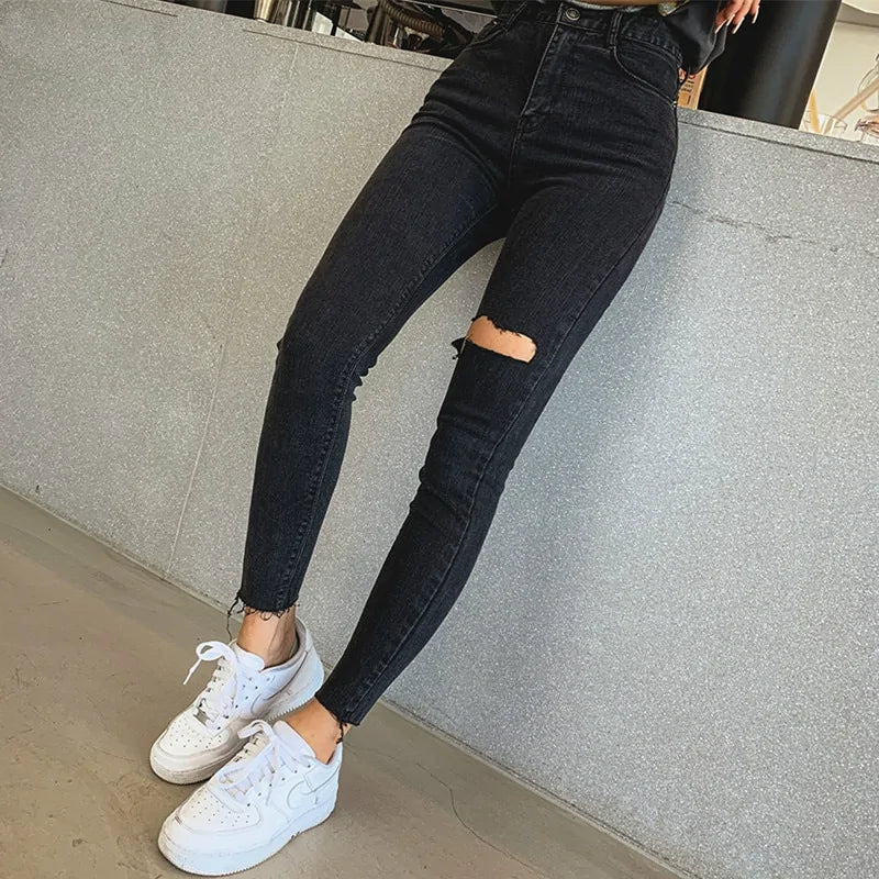 Black High Waist Tassel Ripped Denim Jeans